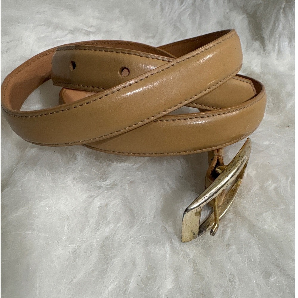 Vintage Leather Belt Women XL Tan Skinny Gold Buckle Casual Classic 335